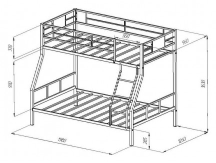 Двухъярусная кровать Гранада-1 железная. Верхнее спальное место 190х90 см, нижнее 190х120 см